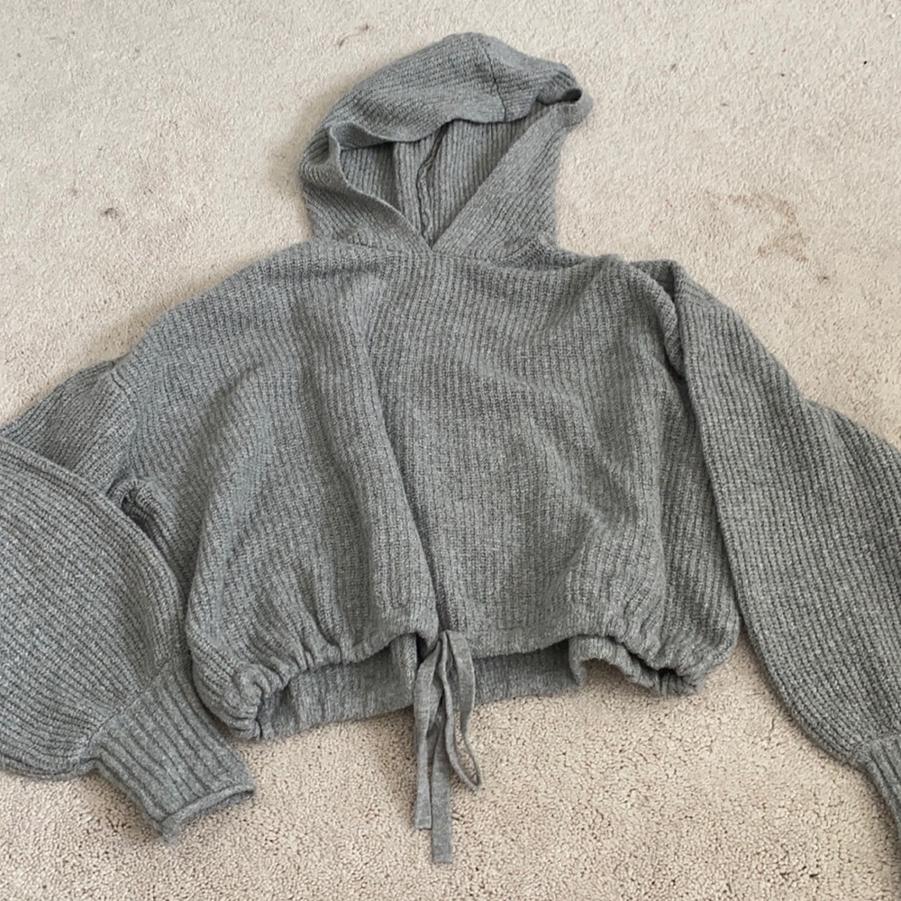 grey cropped hooded sweater with tie waist